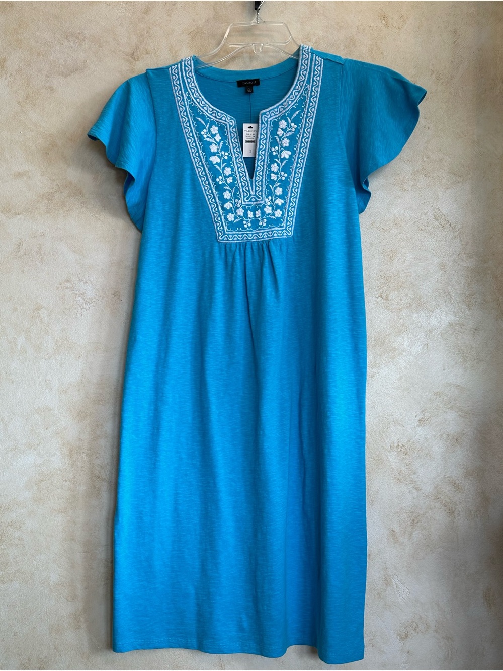 New Talbots Turquoise Embroidered Knit Cotton Dress Boho Feminine Classic